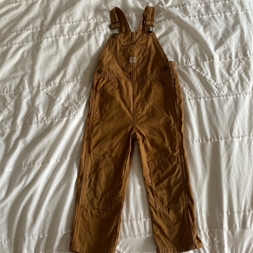 CARHARTT KID’s TODDLER CANVAS BIB OVERALL SIZE 4T REINFORCED KNEES SNAP CLOSURES